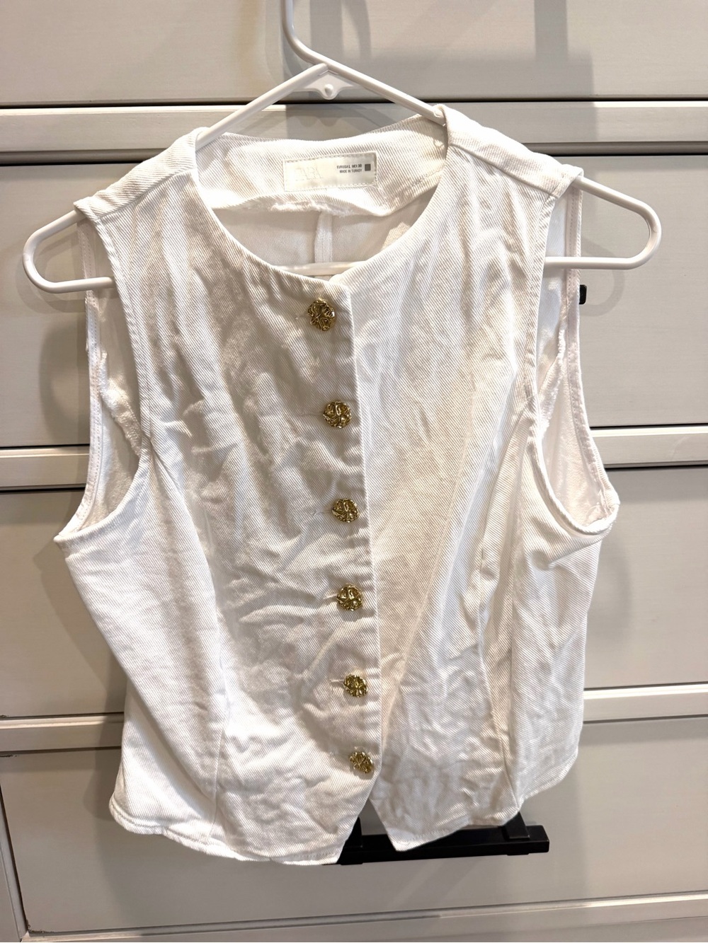 Zara White denim vest Button-Front Top with Gold Buttons size large EUC